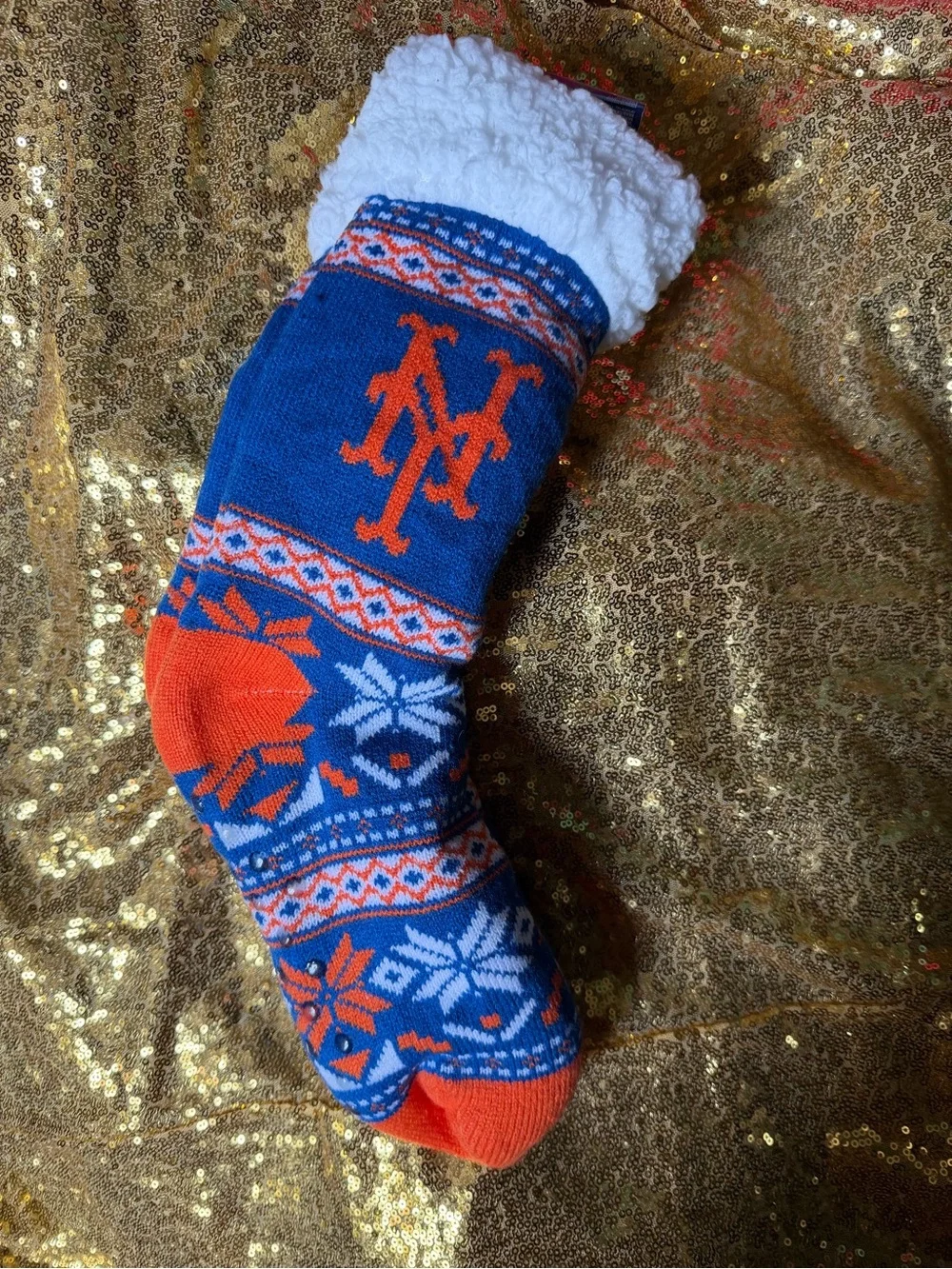 Blue & Orange Fleece-Lined Holiday Crew Socks